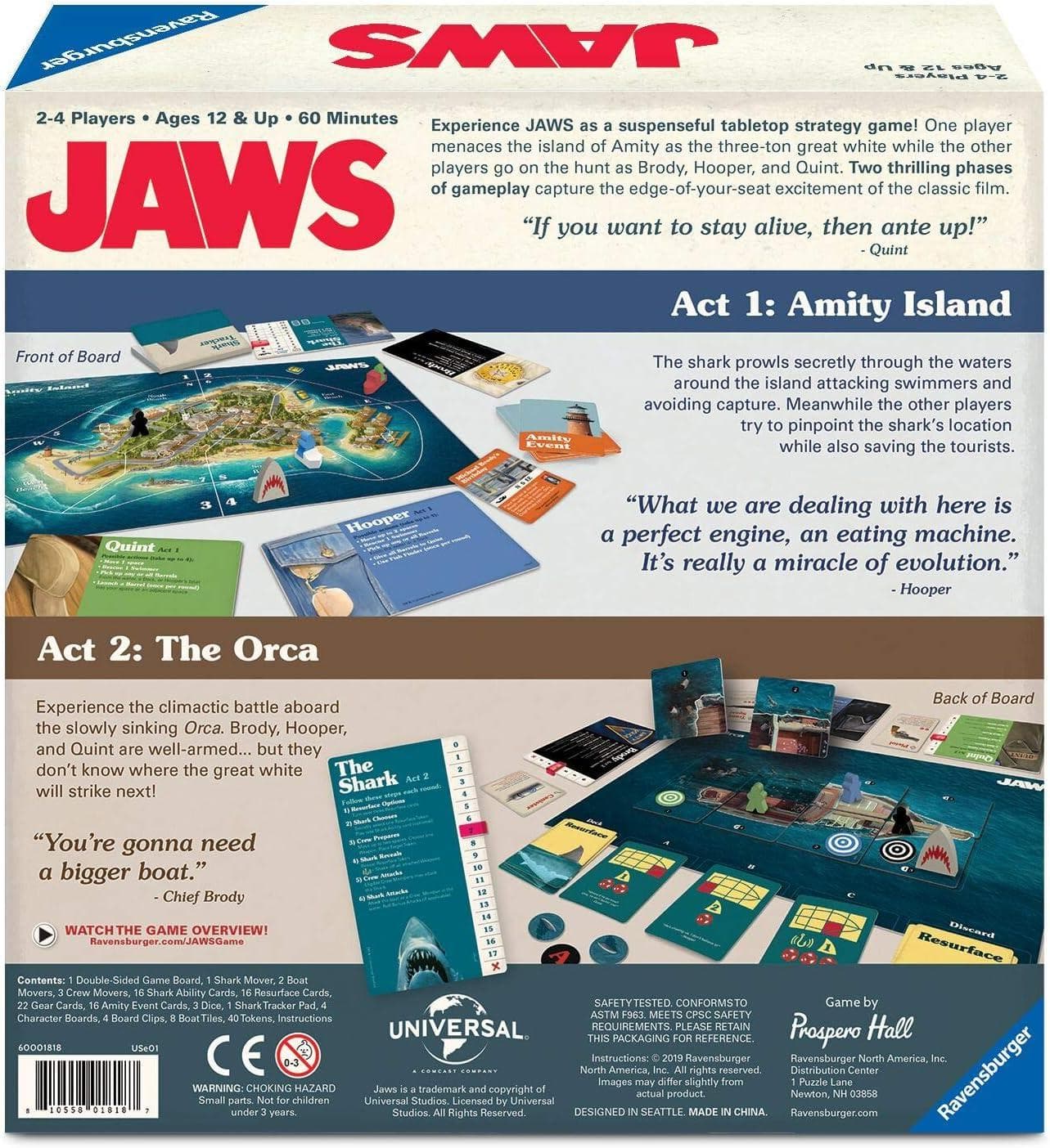 Jaws Strategy Board Game – Asymmetric Game Based on the Classic Film back of board